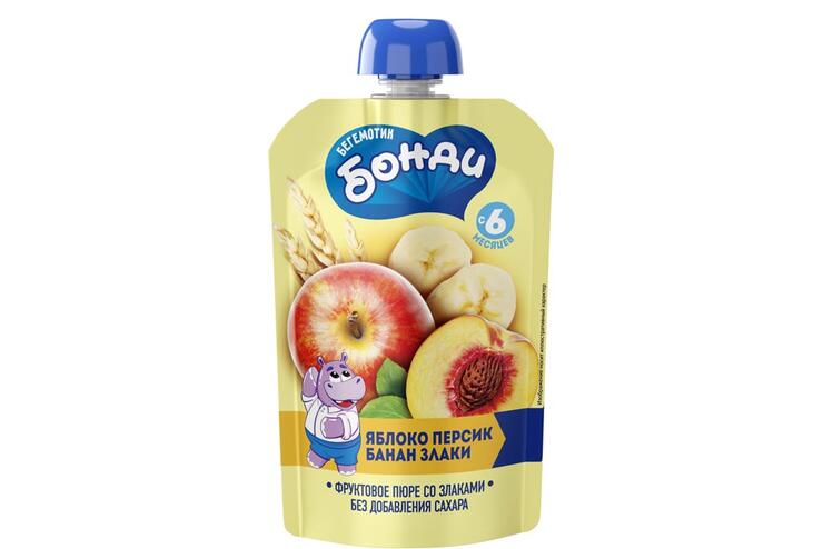 «Бегемотик Бонди», пюре фруктовое «Яблоко, персик, банан, злаки», 90 г