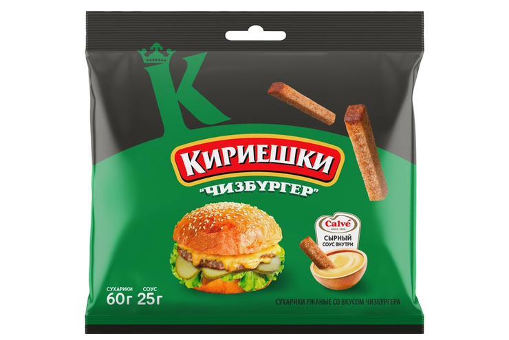 «Кириешки», сухарики ржаные со вкусом чизбургера и с сырным соусом «Calve», 85 г «Кириешки», сухарики ржаные со вкусом чизбургера и с сырным соусом «Calve», 85 г