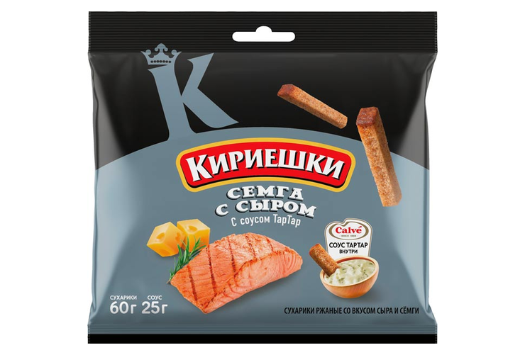 «Кириешки», сухарики со вкусом семги с сыром и соусом тар-тар «Calve», 85 г