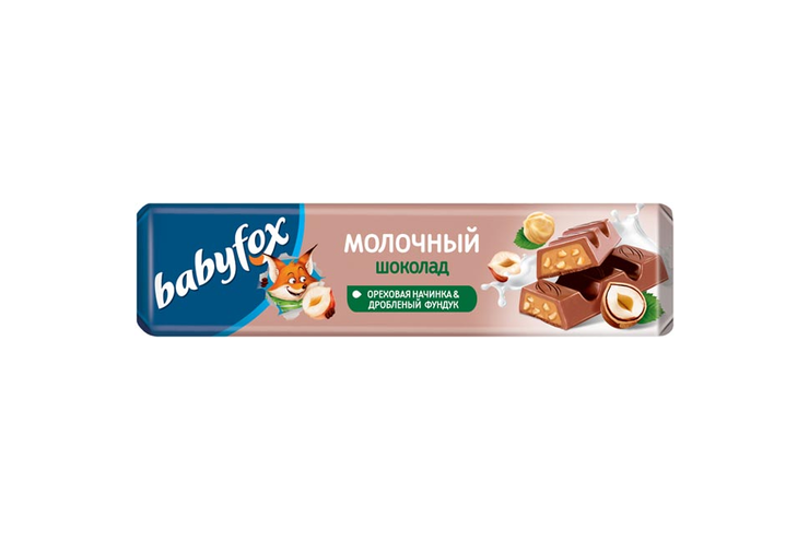 «BabyFox», молочный шоколад с ореховой начинкой и дробленым фундуком, 45 г