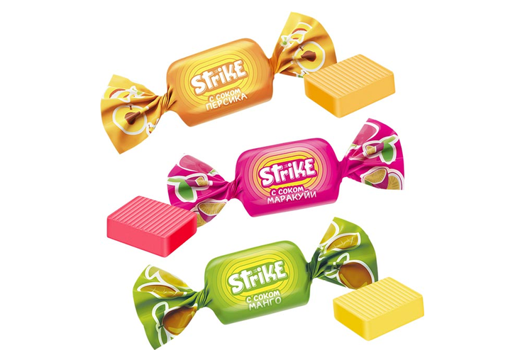 «Strike», жевательная конфета со вкусами манго, маракуйи и персика, 1 кг «Strike», жевательная конфета со вкусами манго, маракуйи и персика, 1 кг
