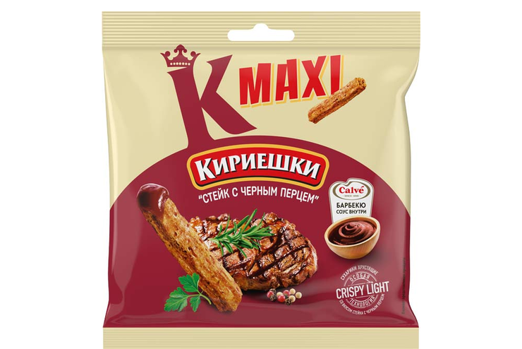 «Кириешки Maxi», сухарики со вкусом стейка с черным перцем и соусом барбекю «Calve», 75 г