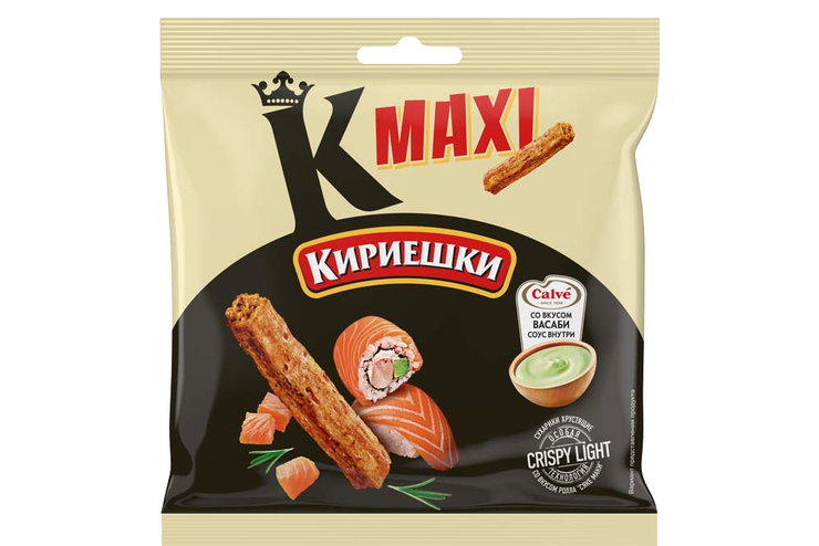 «Кириешки Maxi», сухарики со вкусом роллов «Сяке маки» и с соусом со вкусом васаби «Calve», 75 г «Кириешки Maxi», сухарики со вкусом роллов «Сяке маки» и с соусом со вкусом васаби «Calve», 75 г