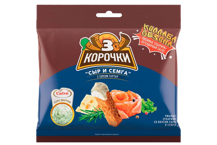«3 Корочки», сухарики со вкусом сёмги с сыром и соусом тар-тар «Calve», 85 г