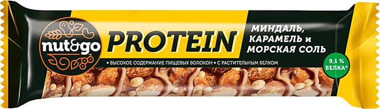 «Nut&Go»,батончикProtein,миндальскарамельюиморскойсолью,40г