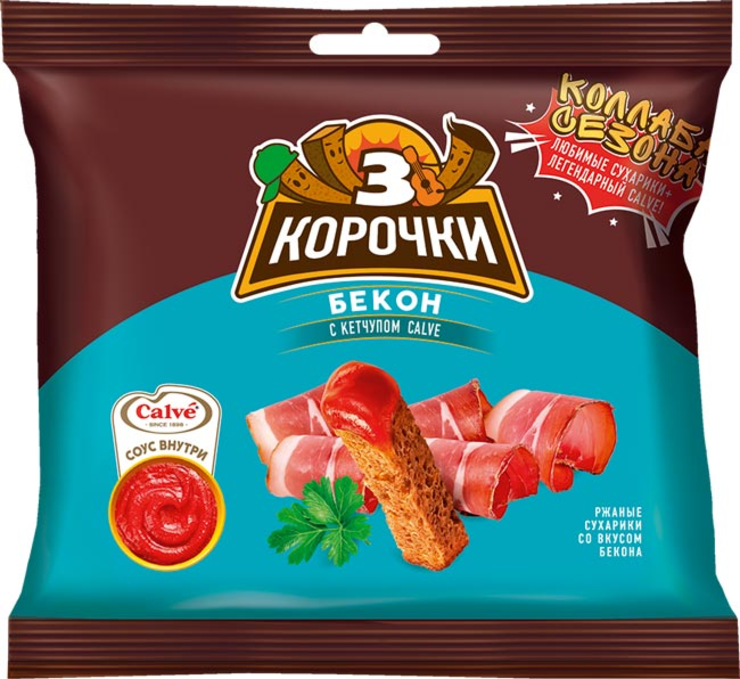 Сухарики со вкусом бекона и кетчупом «Calve» «3 Корочки», 85 г - купить ...