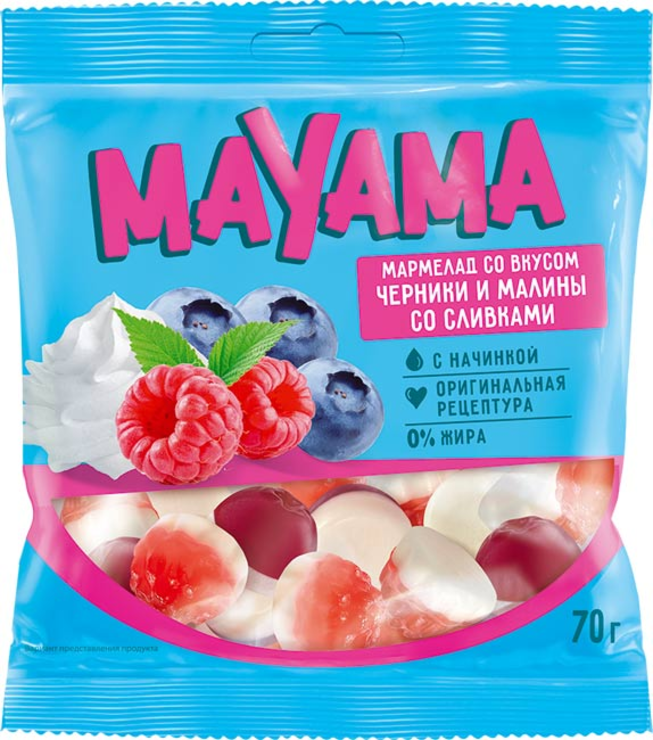 «Mayama»,мармеладжевательныйсжелейнойначинкойсовкусомчерникиималинысосливками,70г